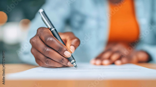 African American businesswoman's hands holding fountain pen, writing signature on business contract, finalizing agreement paperwork