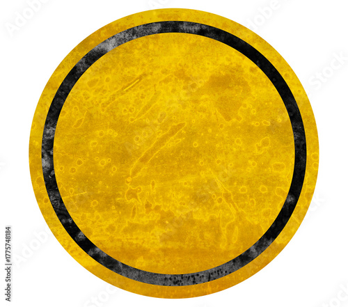Circular yellow grunge texture with black border, ideal for industrial, safety, or caution-themed designs and backgrounds.