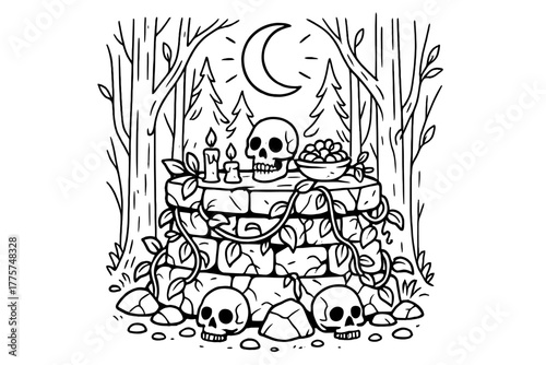 Mystical Forest Altar. Forest altar made of stones with offerings, skulls, vines, and a crescent moon shining above, black and