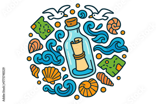Ocean Mandala Illustration. Message in a bottle in the middle with shells, maps, waves, and seagulls arranged in ocean mandala