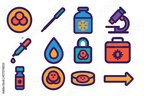Embryo Preservation Icons. Flat vector icons of Embryo Preservation: embryo cell icon, storage straw, cryo tank, microscope,