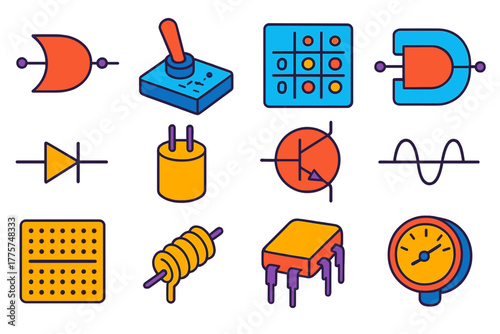 Colorful Circuit Icons. Isometric vector illustration set Analog Logic: NOR logic gate, breaker switch, hand-drawn circuit, truth