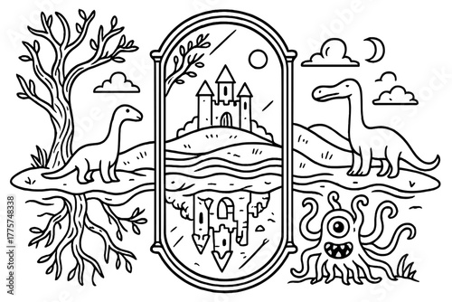 Mirror Reality Reflections. Dreamlike mirror world where reflections show alternate realities with strange creatures and ruins,