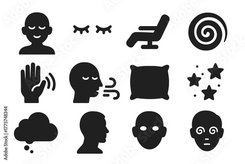 Trance Induction Icons. Solid style icons of Trance induction: relaxed figure, closed eyes, drowsy eyelids, reclining chair,