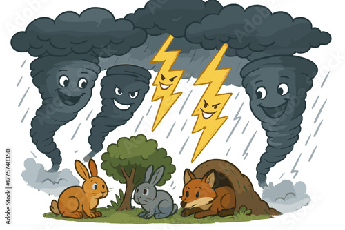 Friendly Tornadoes and Lightning. Severe storm scene with friendly tornadoes spinning, lightning bolts grinning, and animals