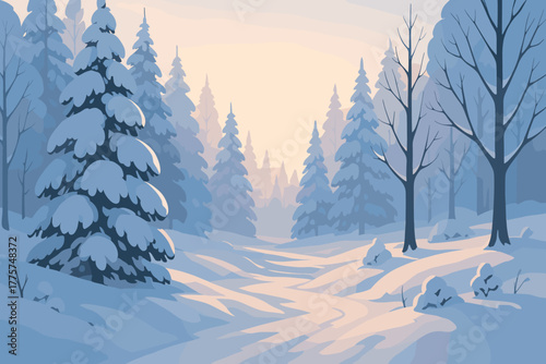 Winter Forest Serenity. Scenic snow-covered forest illuminated by soft morning light, vector illustration serene and peaceful