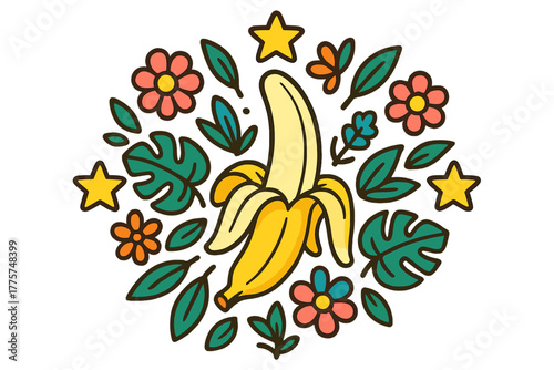 Tropical Banana Mandala. Banana in the center with peels, stars, tropical leaves, and flowers radiating outward in cheerful