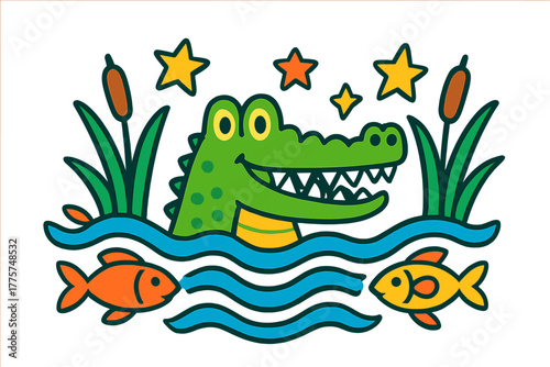 Playful Crocodile Symphony. Crocodile in the middle with waves, fish, stars, and reeds arranged in dangerous but playful symmetry,