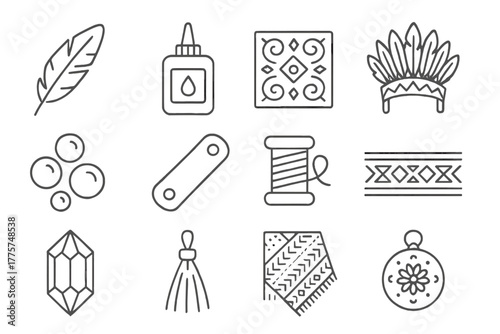 Traditional Costume Icons. Line style icons of Traditional Costume: Feather, Glue, Detailed Design, Headdress; Beads, Leather