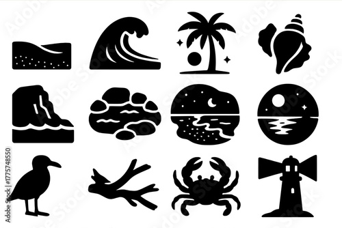 Nocturnal Coastline Icons. Solid style icons of Nocturnal coastline: sandy beach, crashing wave, palm tree, conch shell, rocky