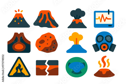Volcanology Icon Set. Flat vector icons of Volcanology: volcano cone, lava flow, ash plume, seismograph, magma chamber, volcanic