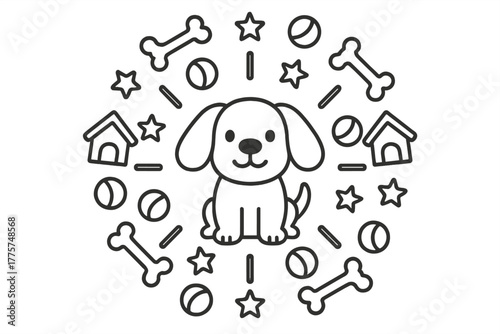 Dog and Toys Symmetry. Dog with floppy ears in the center with bones, dog houses, balls, and stars radiating outward in circular