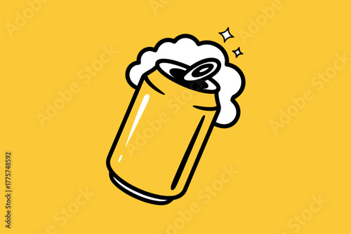 A fizzy yellow soda can overflows with foam against a bright yellow background.