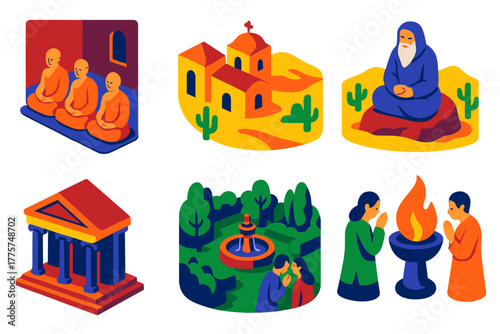 Silent Icons Collection. Isometric vector illustration set History of silence: monks meditating, desert hermitages, quiet