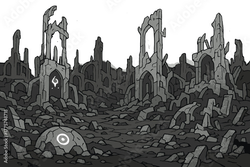 Alien City Ruins. Ghostly alien city ruins with collapsing towers, fractured domes, and strange glowing symbols, black and white