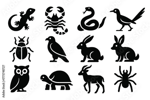 Desert Wildlife Icons. Solid style icons of Desert Wildlife: Lizard, Scorpion, Snake, Roadrunner, Beetle, Falcon, Jackrabbit,
