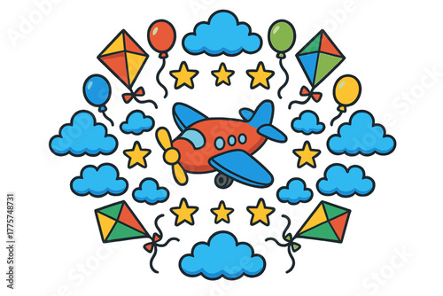 Aerial Mandala Playfulness. Toy airplane in the middle with clouds, balloons, kites, and stars arranged in flying mandala symmetry