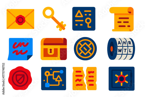 Lost Secrets Icons. Flat vector icons of Lost Secrets: sealed letter, cryptographic key, ancient code tablet, hidden scroll,