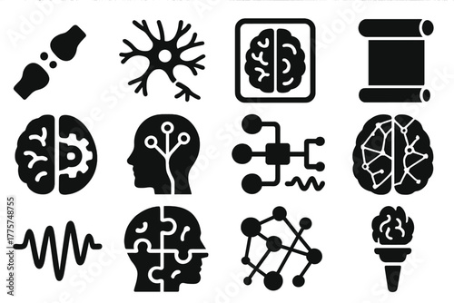Neurophilosophy Icons. Solid style icons of neurophilosophy: synapse connection, neuron web, brain scan outline, philosophy scroll