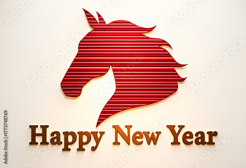 Red striped horse silhouette with elegant design elements and text wishing a joyful New Year, creating a festive atmosphere for celebrations and greetings