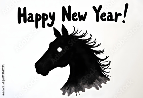 Silhouette of a horse with flowing mane, adorned with cheerful text 