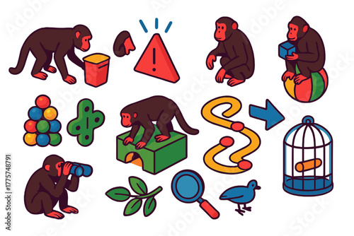 Primate Curiosity Exploration. Isometric vector illustration set Information-seeking behavior: primates exploring novel items,