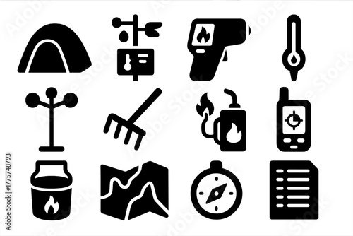 Fire Ecology Tools Icons. Solid style icons of Fire ecology tools: fire shelter, weather gauge, infrared camera, soil thermometer,