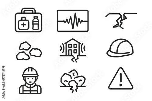 Earthquake Preparedness Icons. Line style icons of Earthquake Preparedness: Emergency Kit, Seismogram, Cracked Ground, Rubble,