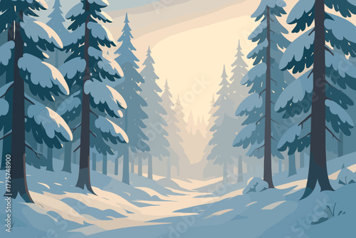 Winter Forest Serenity. Scenic snow-covered forest illuminated by soft morning light, vector illustration serene and peaceful