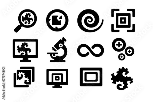 Infinite Zoom Fractals. Solid style icons of infinite zoom concept: magnifying glass on fractal, recursive zoom arrows, fractal