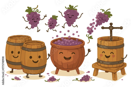 Cheerful Wine-Making Scene. Wine-making workshop with happy barrels, bubbling vats, and grapes dancing into presses No text, No