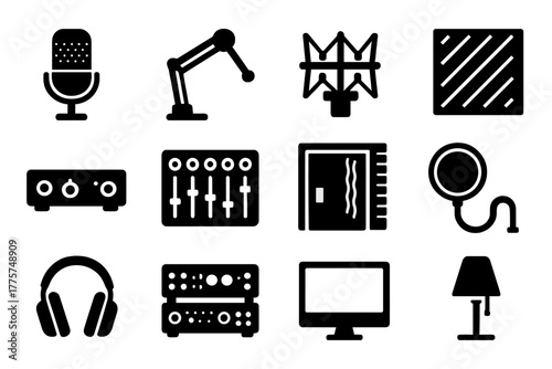 Studio Equipment Icons. Solid style icons of professional studio equipment: condenser microphone, boom arm, shock mount, acoustic