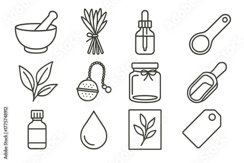 Herbal Apothecary Icons. Line style icons of Herbal Apothecary: Mortar and Pestle, Herb Bundle, Tincture Bottle, Measuring Spoon;