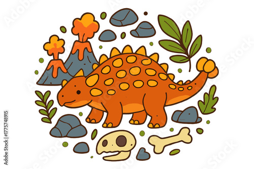 Vibrant Prehistoric Pattern. Ankylosaurus in the middle with rocks, plants, volcanoes, and bones forming a decorative circular