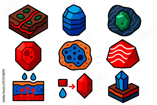 Gem Formation Diagrams. Isometric vector illustration set Gem formation: emerald and ruby veins, sapphire growth layers, mineral