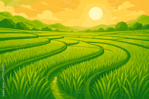 Sunlit Rice Fields. Expansive view of vibrant green rice vector illustration fields glowing under golden sunlight, tranquil and