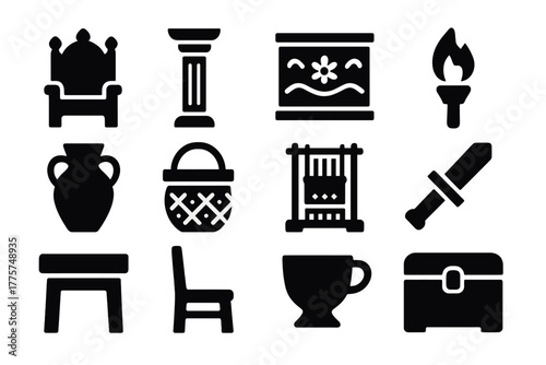 Palace Life Icons. Solid style icons of Palace Life: Throne, Pillar, Painted Wall, Torch, Jar, Basket, Loom, Dagger, Table, Chair,