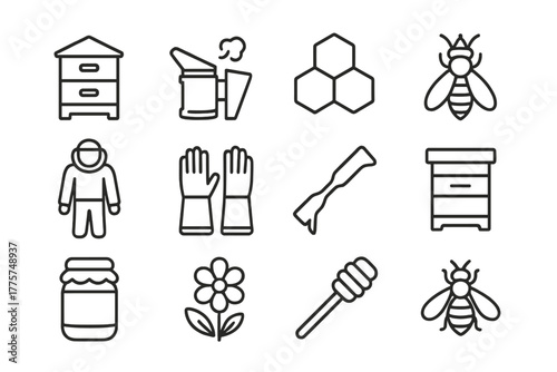 Beekeeping Line Icons. Line style icons of Beekeeping: Beehive, Smoker, Honeycomb, Queen Bee; Protective Suit, Gloves, Hive Tool,