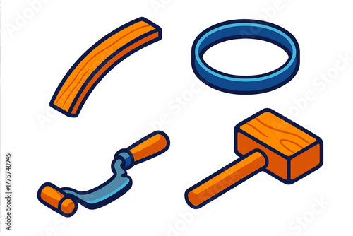 Cooperage Tools Icons. Isometric vector illustration set Traditional Cooperage Tools: Curved barrel stave, forged metal hoop,
