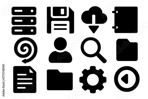Data Preservation Icons. Solid style icons of data preservation and legacy archives: server, floppy disk, cloud, arrow, spiral,