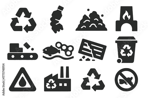 Plastic Recycling Icons. Solid style icons of plastic recycling challenges: recycling triangle, crushed bottle, landfill pile,