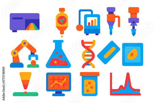 Biosignature Detection Icons. Flat vector icons of biosignature detection tools: spectrometer, chemical sensor, mass spectrometer,