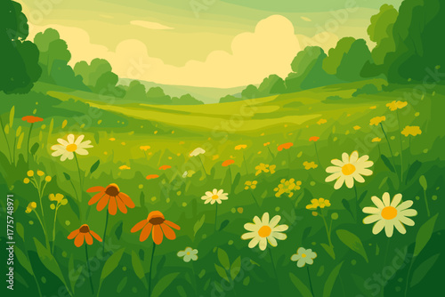 Glowing Morning Meadow. Lush vector illustration green meadow glowing under soft morning light with wildflowers in bloom, tranquil