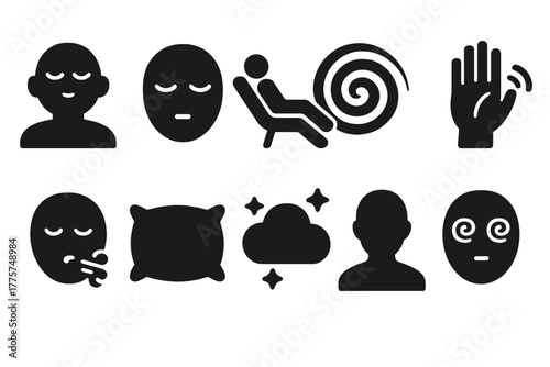 Trance Induction Icons. Solid style icons of Trance induction: relaxed figure, closed eyes, drowsy eyelids, reclining chair,