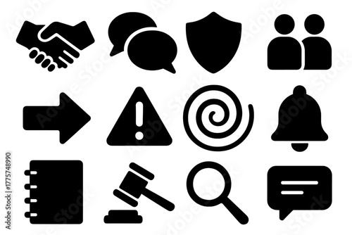 Conflict Resolution Icons. Solid style icons of conflict resolution in online spaces: handshake, speech bubbles, shield, human