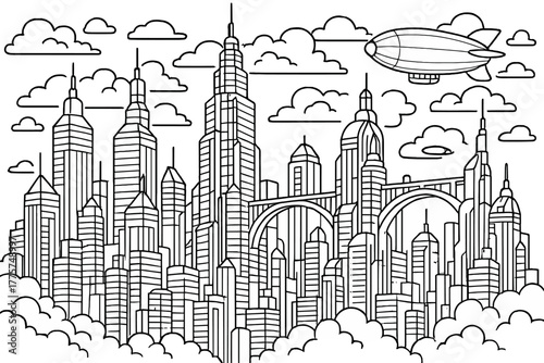 Futuristic Cityscape Art. Cyberpunk skyline with towering skyscrapers, bridges connecting them, and airships floating among clouds