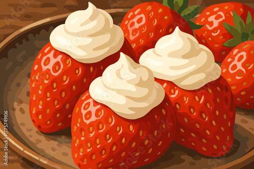 Strawberries and Cream Delight. Macro shot of fresh strawberries topped with cream on a rustic plate, vibrant reds and soft whites