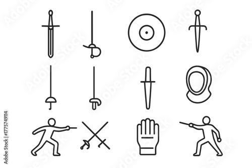Historical Fencing Icons. Line style icons of historical fencing: longsword, side sword, buckler, dagger; foil, épée, practice