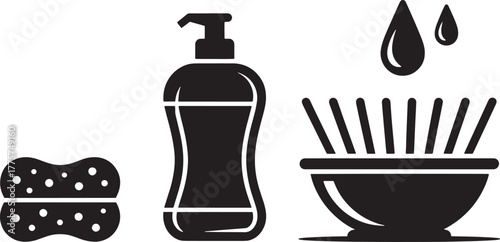 Black icons of a sponge soap dispenser and a bowl with water drops liquid bottle