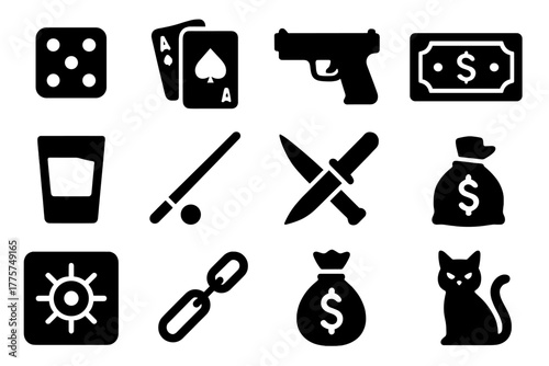 Underworld Icons Collection. Solid style icons of City Underworld: Dice, Playing Cards, Pistol, Dollar Bill, Whiskey Glass, Pool
